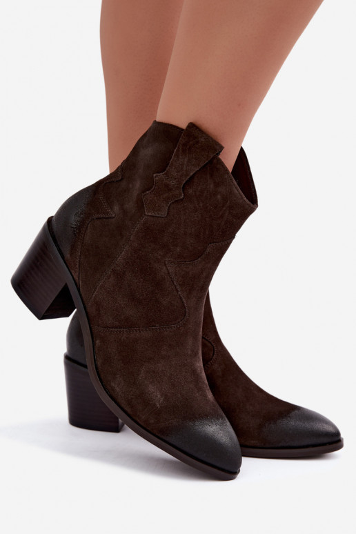 Leather suede cowboy-style insulated boots D&A CR62-3395 in dark brown color