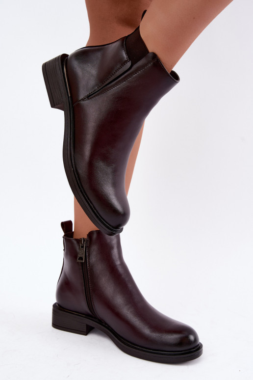insulated women's ankle boots with wide heels Vinceza 58690 in burgundy