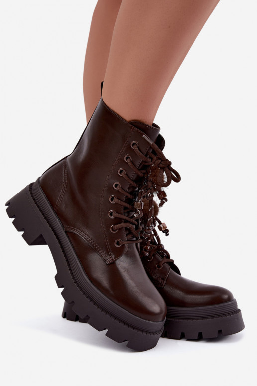 insulated ankle boots with fluffy pom-poms in chocolate Faresse