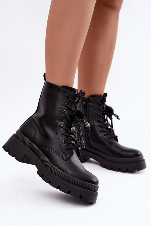 insulated ankle boots with fluffy pom-poms in black Faresse