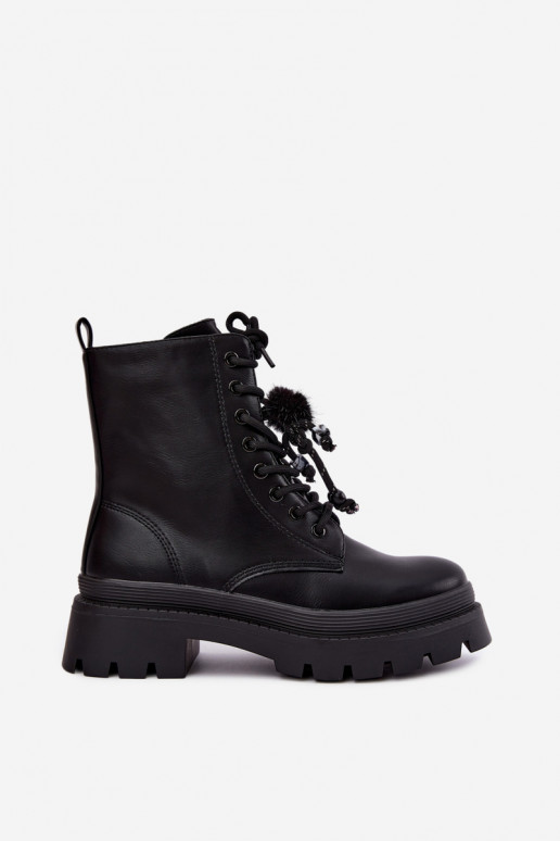 insulated ankle boots with fluffy pom-poms in black Faresse