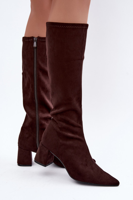 knee-high boots with heels and pointed toes in chocolate Amora