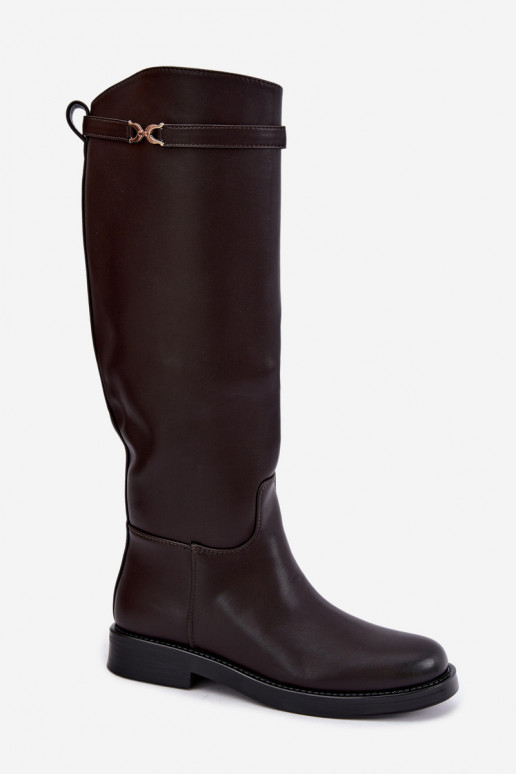 knee-high boots with wide heels and decorative straps in chocolate Famina