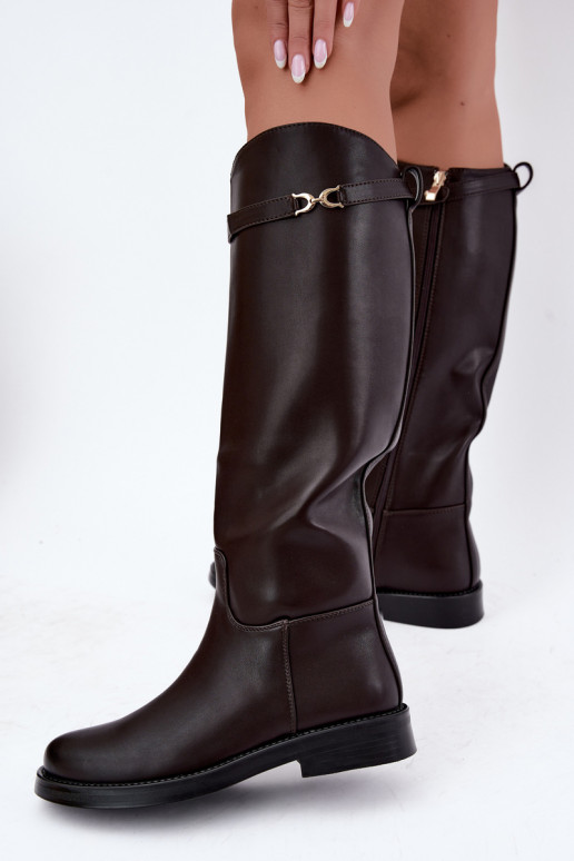 knee-high boots with wide heels and decorative straps in chocolate Famina