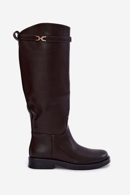knee-high boots with wide heels and decorative straps in chocolate Famina