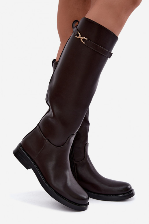 knee-high boots with wide heels and decorative straps in chocolate Famina