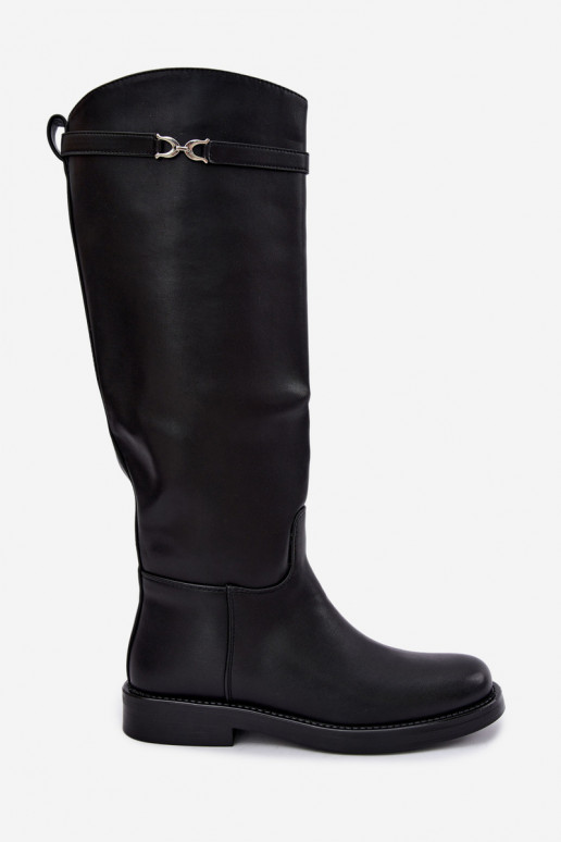 Long boots with wide heels and decorative straps in black Famina