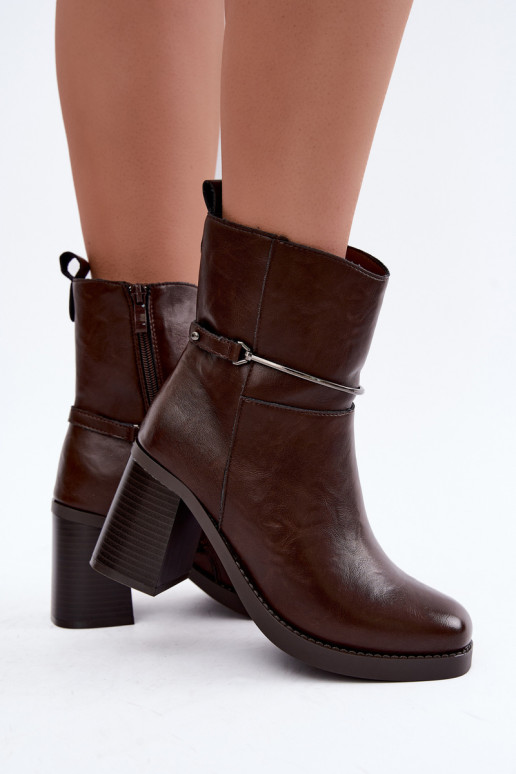 Leather women's ankle boots insulated with heels and decorated heels in chocolate Gracelle