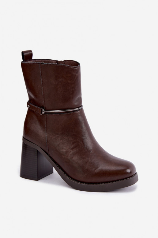 Leather women's ankle boots insulated with heels and decorated heels in chocolate Gracelle