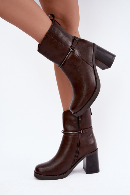 Leather women's ankle boots insulated with heels and decorated heels in chocolate Gracelle
