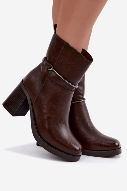 Leather women's ankle boots insulated with heels and decorated heels in chocolate Gracelle