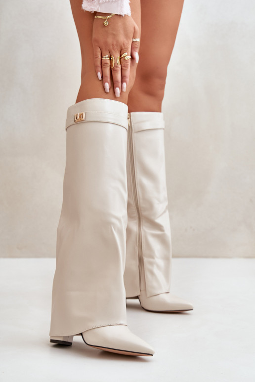women's knee-high boots with faux leather inserts and heels in ivory color Avamora