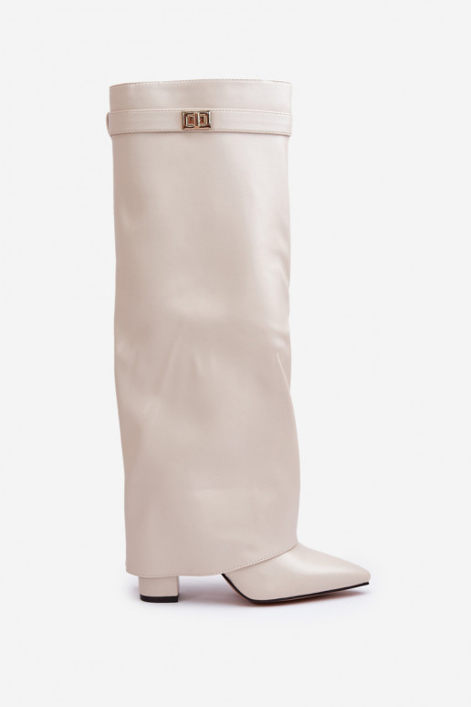 women's knee-high boots with faux leather inserts and heels in ivory color Avamora