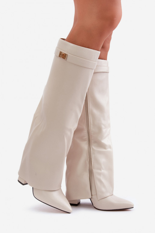 women's knee-high boots with faux leather inserts and heels in ivory color Avamora