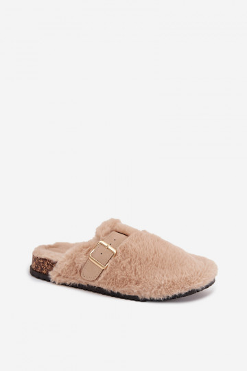 moteriškos šlepetės su platforma, kailiuku ir sagtimis smėlio spalvos Noraline 2