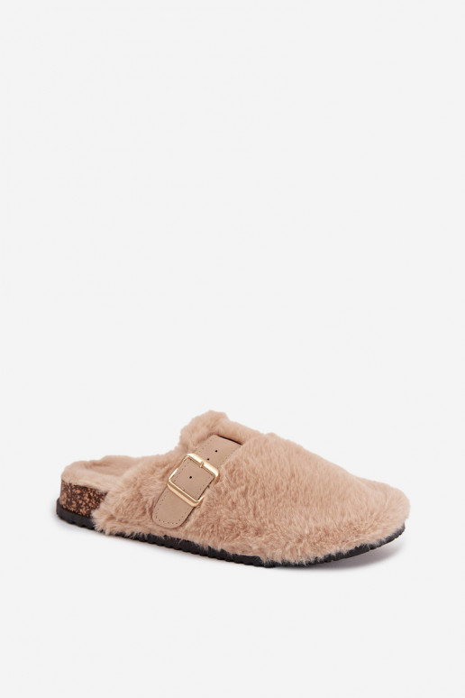 women's platform slippers with fur and buckles in sand color Noraline