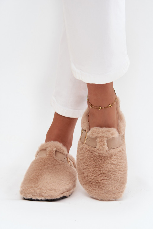 women's platform slippers with fur and buckles in sand color Noraline