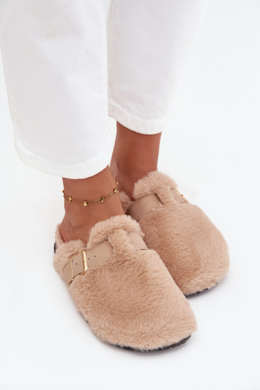 women's platform slippers with fur and buckles in sand color Noraline