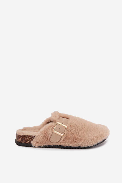 women's platform slippers with fur and buckles in sand color Noraline