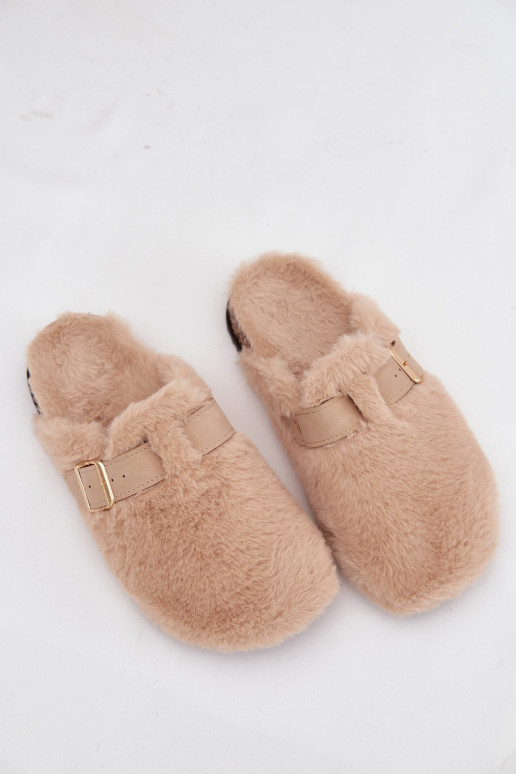 women's platform slippers with fur and buckles in sand color Noraline