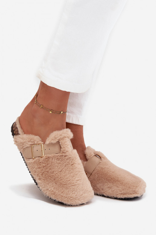women's platform slippers with fur and buckles in sand color Noraline