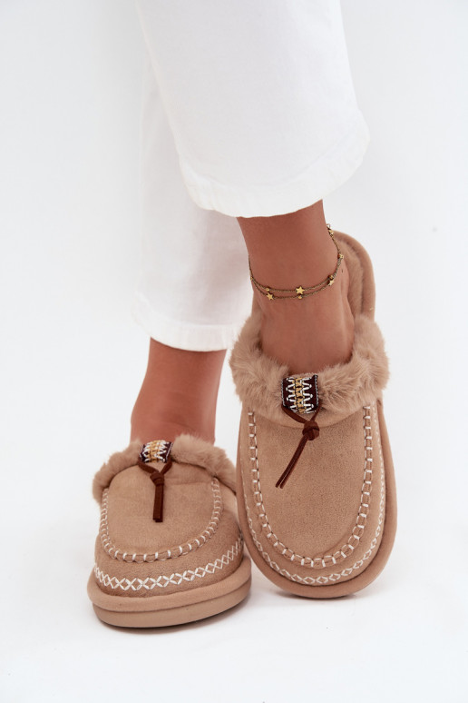 women's slippers with fur and embroidered rings in sand color Perivelle