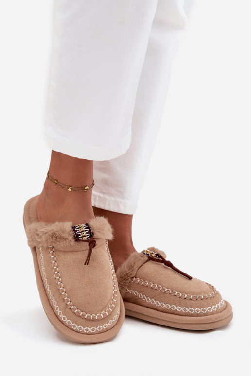 women's slippers with fur and embroidered rings in sand color Perivelle