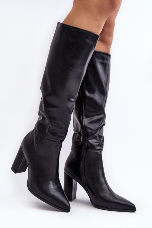 Juodos spalvos moteriški ilgaauliai batai iki kelių su kulniukais Fiminna