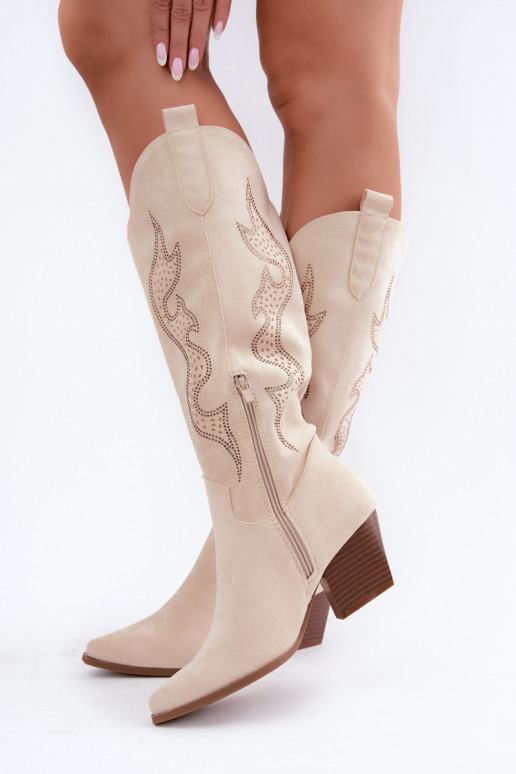 Kozaki w stylu kowbojskim w kolorze kości słoniowej z dekoracją na cholewie Greyla