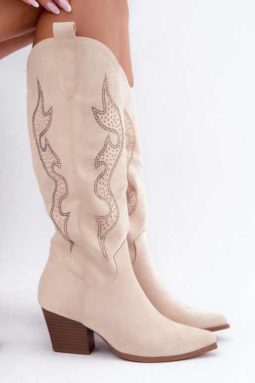 Ivory cowboy-style knee-high boots with decoration on the shaft Greyla