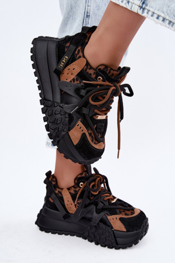 Black faux suede sneakers with platform and leopard print details GOE UU2N4017
