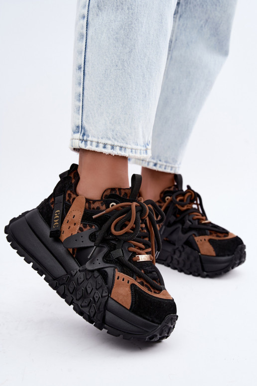 Black faux suede sneakers with platform and leopard print details GOE UU2N4017