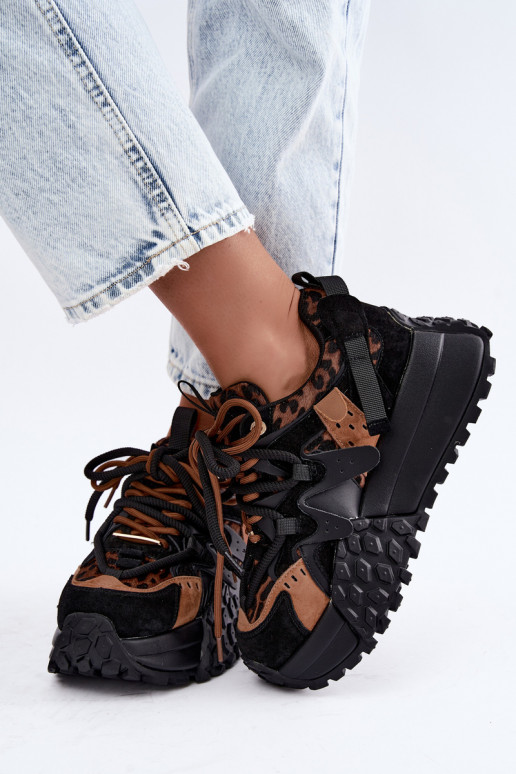 Black faux suede sneakers with platform and leopard print details GOE UU2N4017