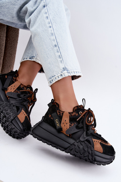 Black faux suede sneakers with platform and leopard print details GOE UU2N4017