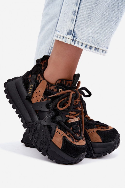 Black faux suede sneakers with platform and leopard print details GOE UU2N4017