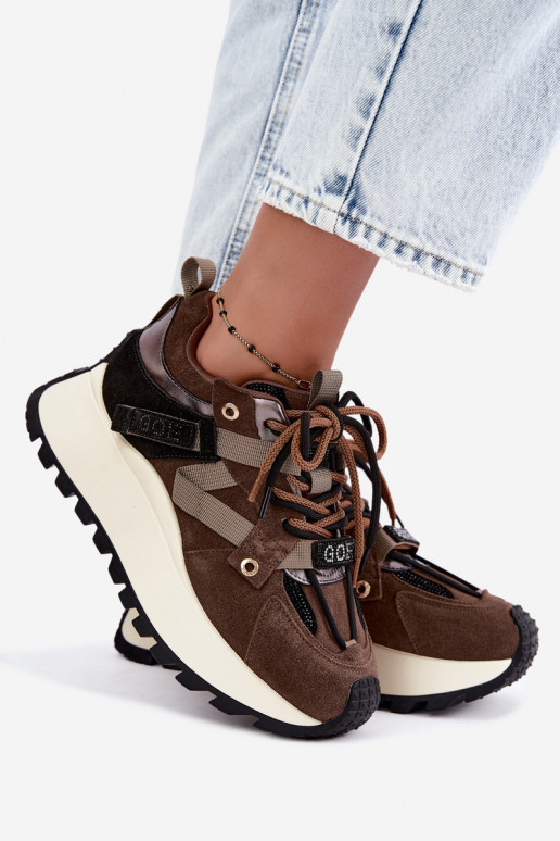 Brązowe sneakersy z sztucznego zamszu z platformą GOE UU2N4001