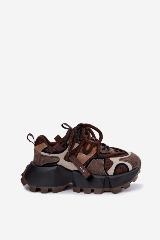 Brązowe sneakersy z sztucznego zamszu z platformą i podwójnymi sznurówkami GOE UU2N4012