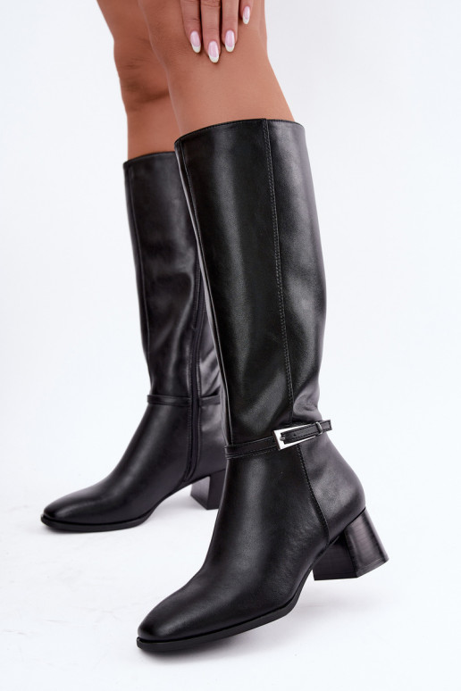 Insulated black leather knee-high boots with heels and buckles Sergio Leone KZ-31