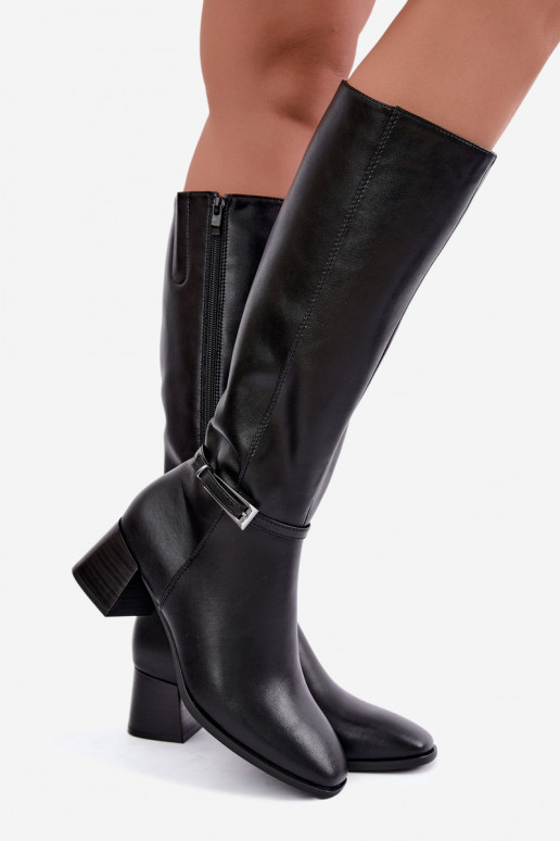 Insulated black leather knee-high boots with heels and buckles Sergio Leone KZ-31