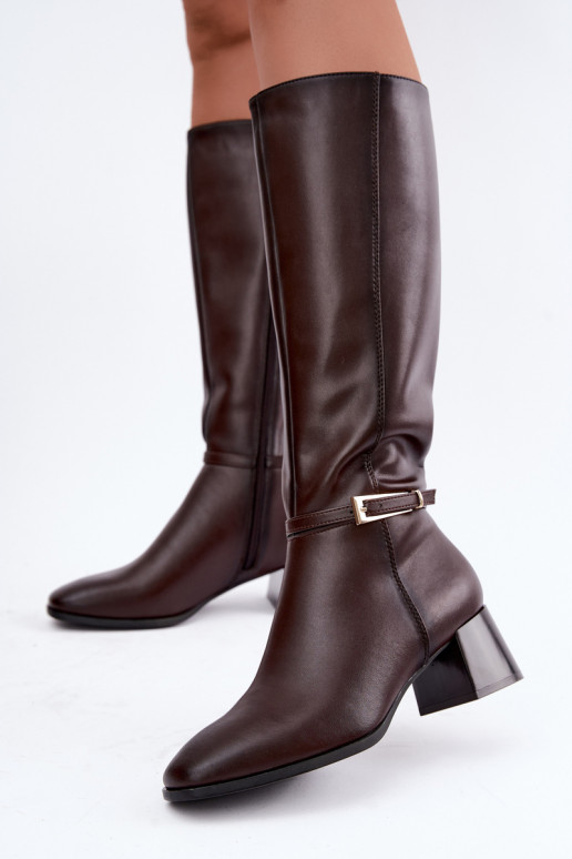 Insulated leather knee-high boots with heels and buckles Sergio Leone KZ-31 CzekoladoĮe