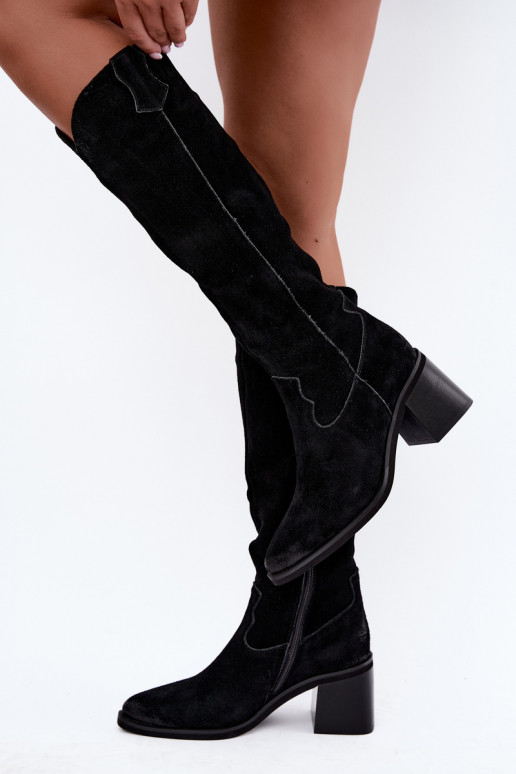 Black faux suede cowboy-style knee-high boots with heels Vinceza 133103