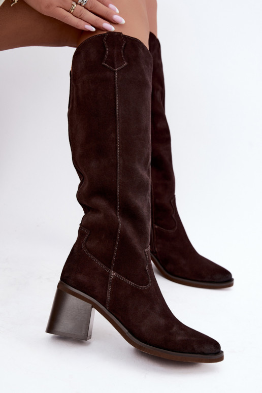 Faux suede cowboy knee-high boots with heels Vinceza 133103 chocolate