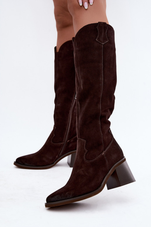 Faux suede cowboy knee-high boots with heels Vinceza 133103 chocolate