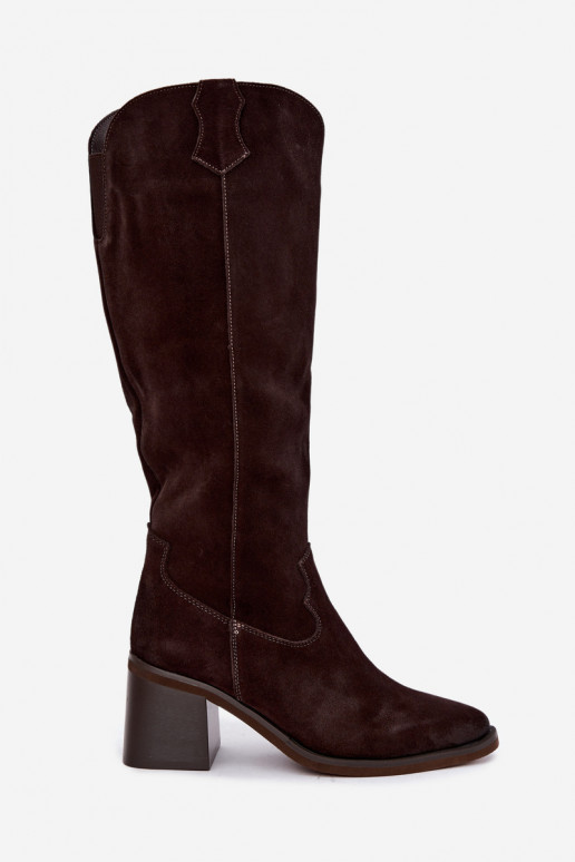 Faux suede cowboy knee-high boots with heels Vinceza 133103 chocolate