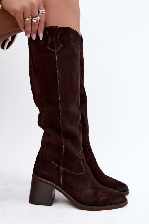 Faux suede cowboy knee-high boots with heels Vinceza 133103 chocolate