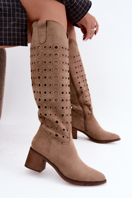 Knee-high boots with perforated elements Kireya brown