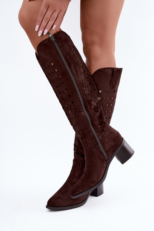 Knee-high boots with perforated elements Kireya chocolate