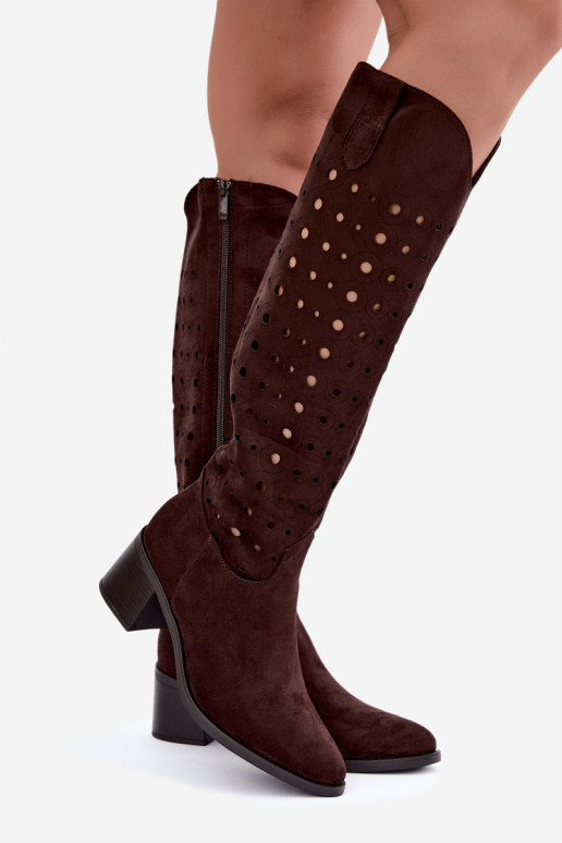 Knee-high boots with perforated elements Kireya chocolate