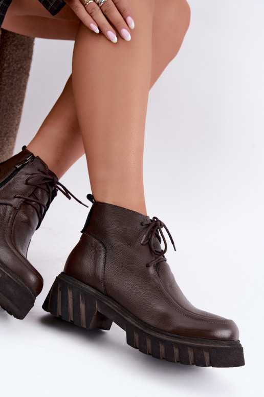 Warm leather ankle boots with elegant details Zazoo 60594 chocolate