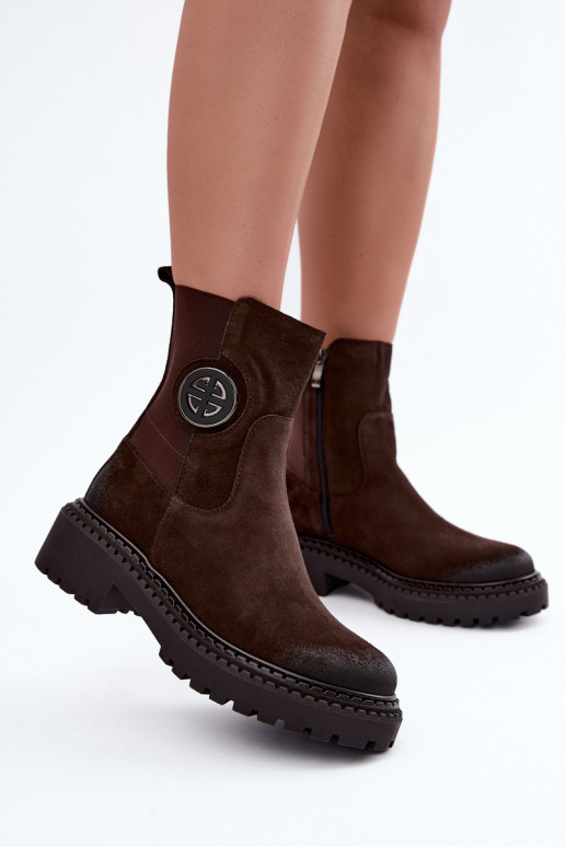Warm suede ankle boots with elegant details Zazoo 60578 chocolate